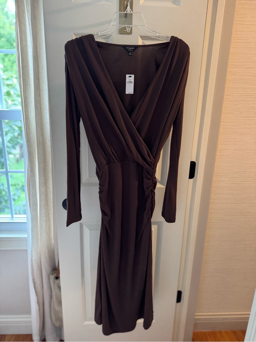 Banana Republic Chocolate Brown Faux-Wrap Long Sleeve Midi Dress NWT